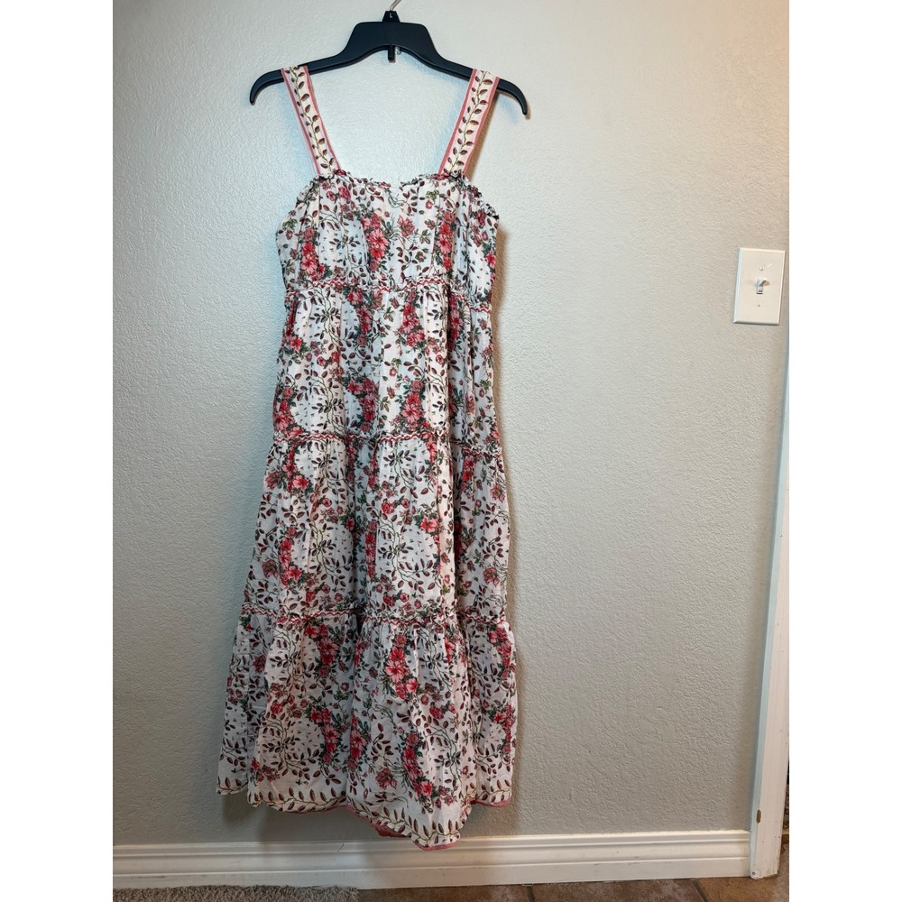 Max Studio Floral Tiered Maxi Dress L Pink Red Embroidered Straps Smocked Bodice